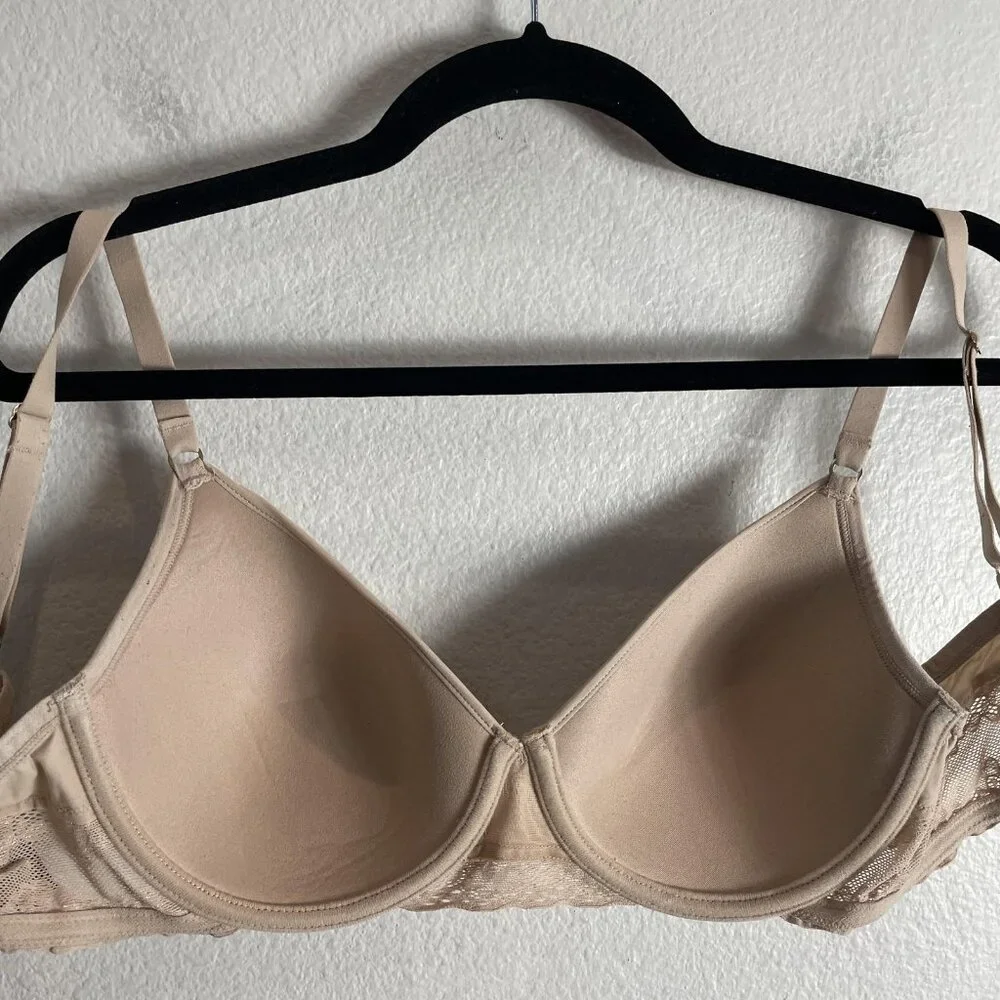 Natori T-Shirt Bra Womens 34D Beige Lace Underwire Lightly‎ Lined Microfiber